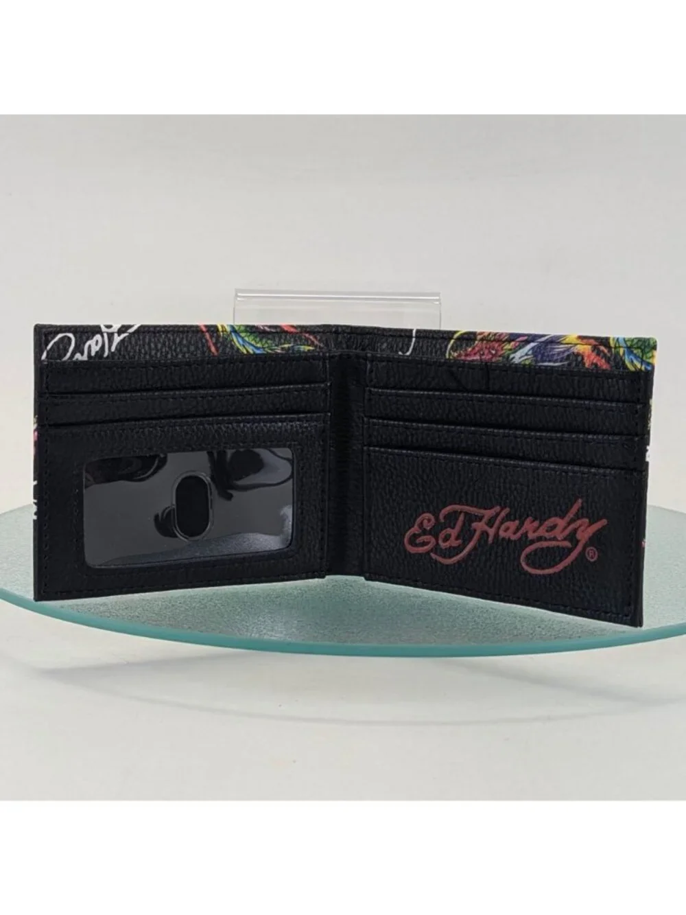 Ed Hardy Men’s Bifold Wallet w Valet Tray Card Slots ID Window Black Dragon -NEW